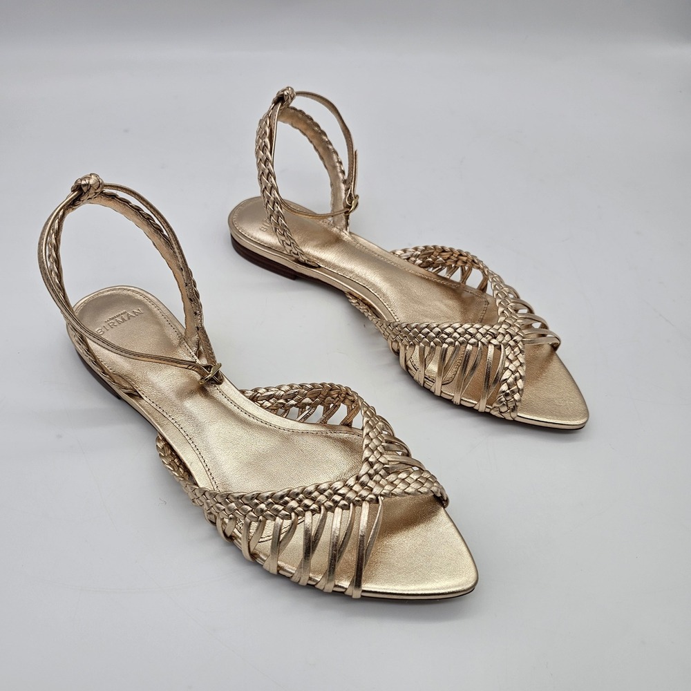 Alexandre Birman Agatha Flat Sandal Womens 8.5 Gold Woven Ankle Strap Leather